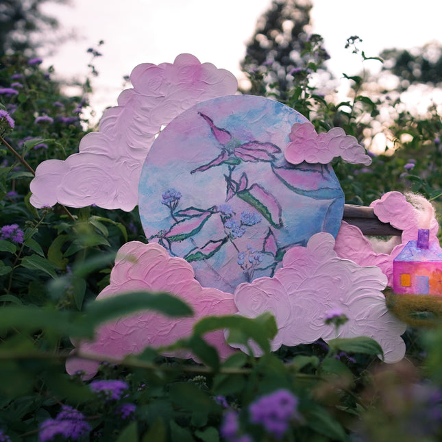 Sculptural Mixed Media Piece with botanical painting and small sculptural house Photographed in the garden at dusk by Juner and Bec